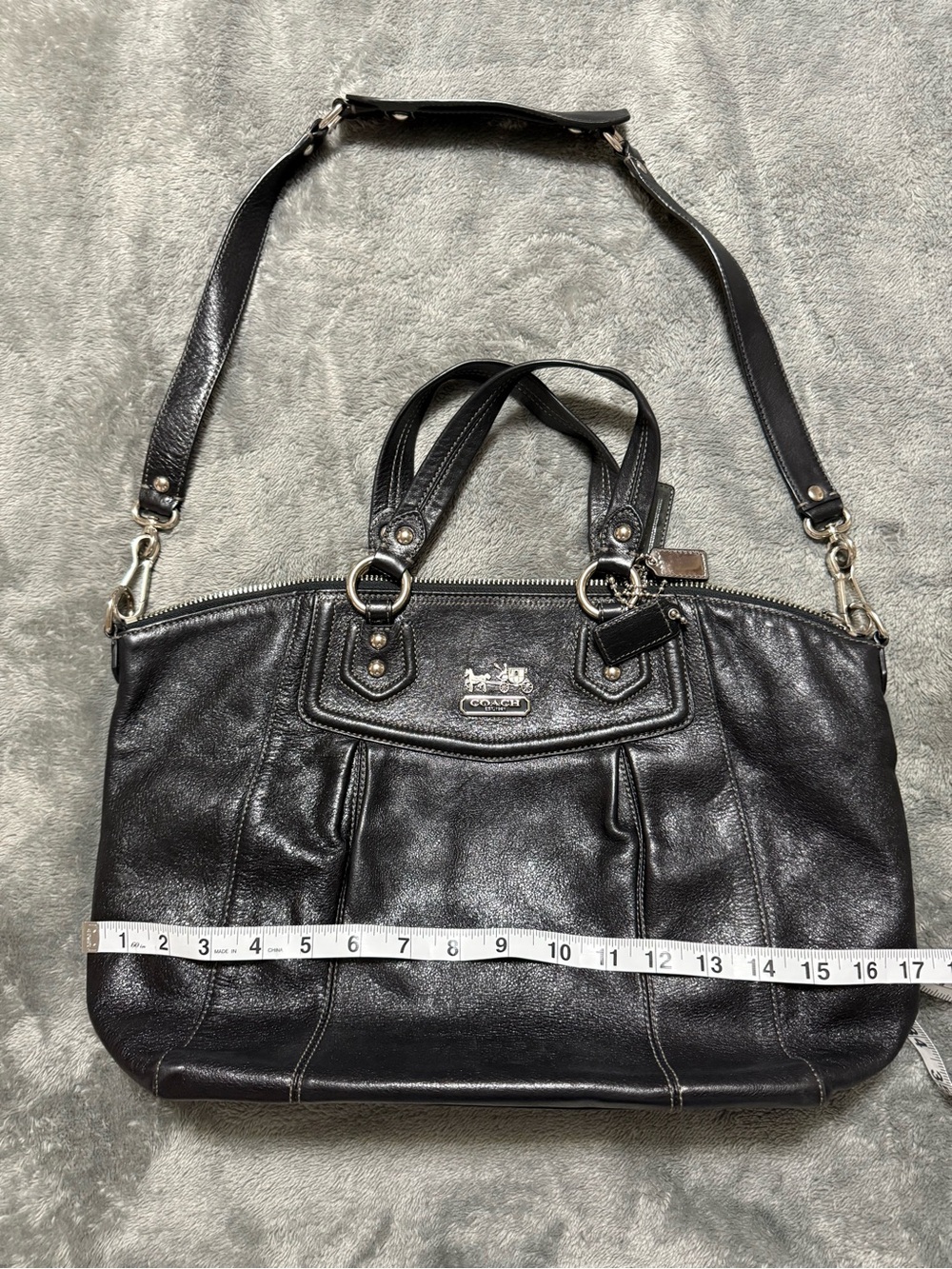 Coach Black Leather Convertible Satchel with Silver Hardware